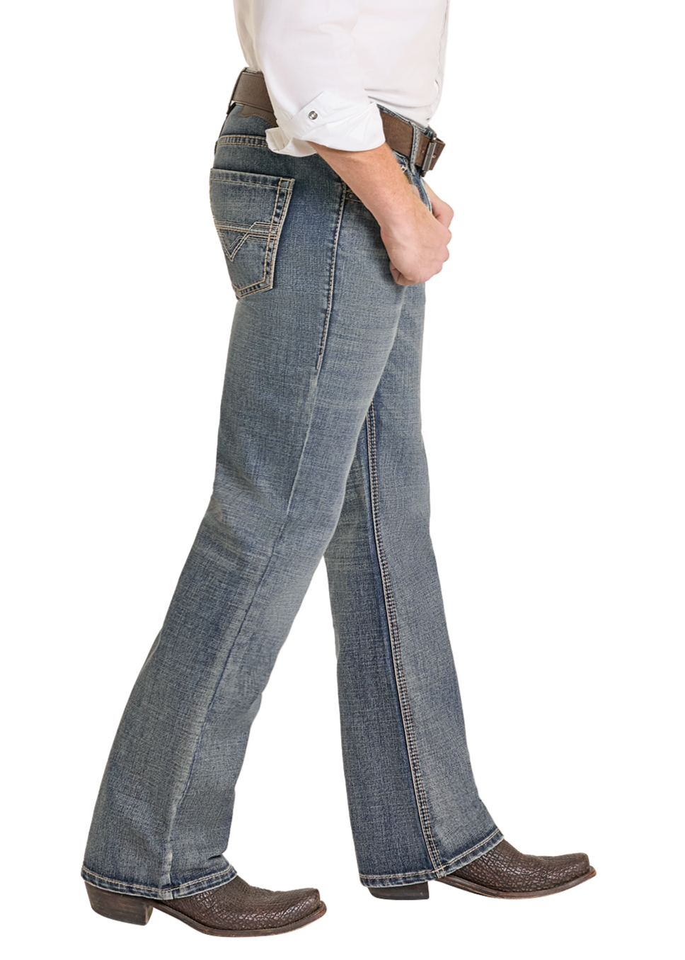 Man wearing a cowboy hat, white shirt, and blue jeans on a white background