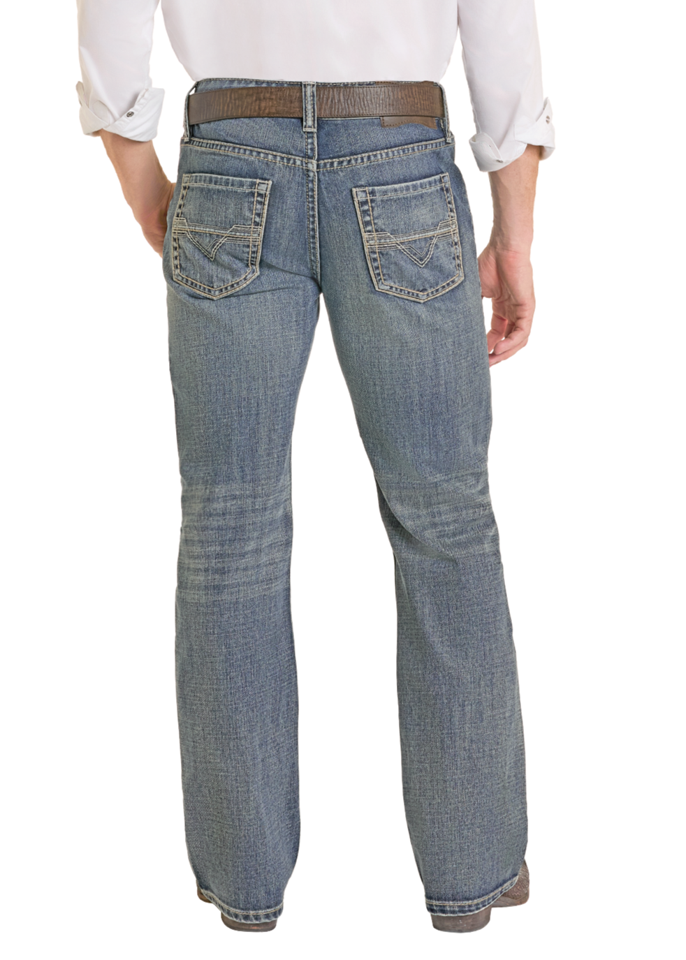 Man wearing a white shirt, blue jeans, and a beige cowboy hat on a white background