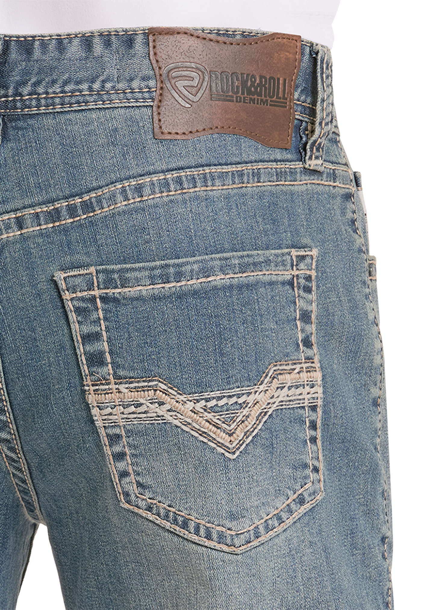 Close-up of blue jeans with a brand label on the back pocket.