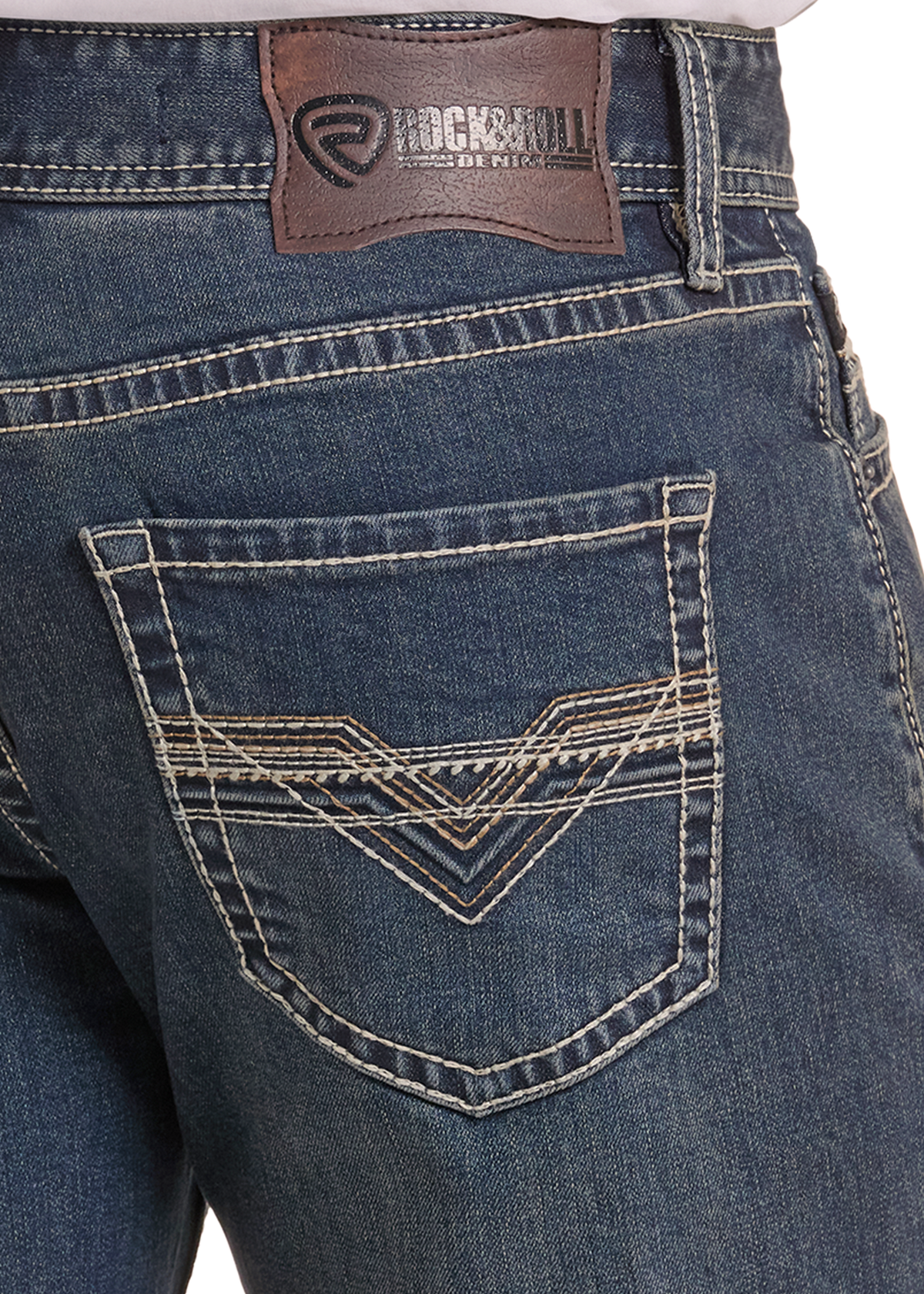 Close up of embroidered pocket on a pair of men's jeans.