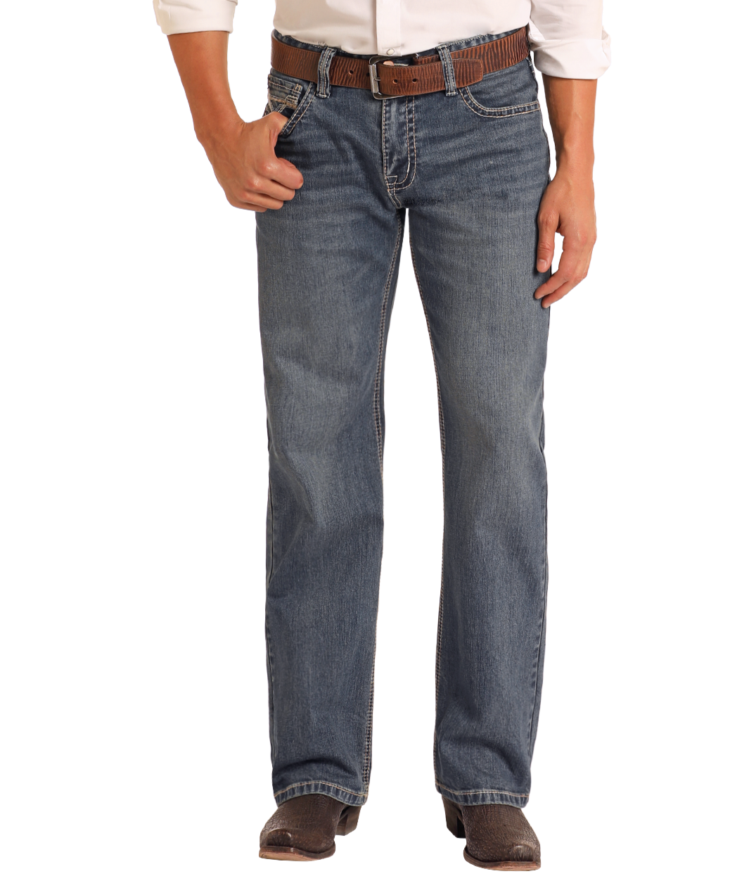 A person wearing Rock & Roll Denim Relaxed Fit Ivory Stitch Straight Leg Jeans, a brown belt, white rolled-up sleeve shirt, and brown shoes stands facing forward with one hand in their pocket.