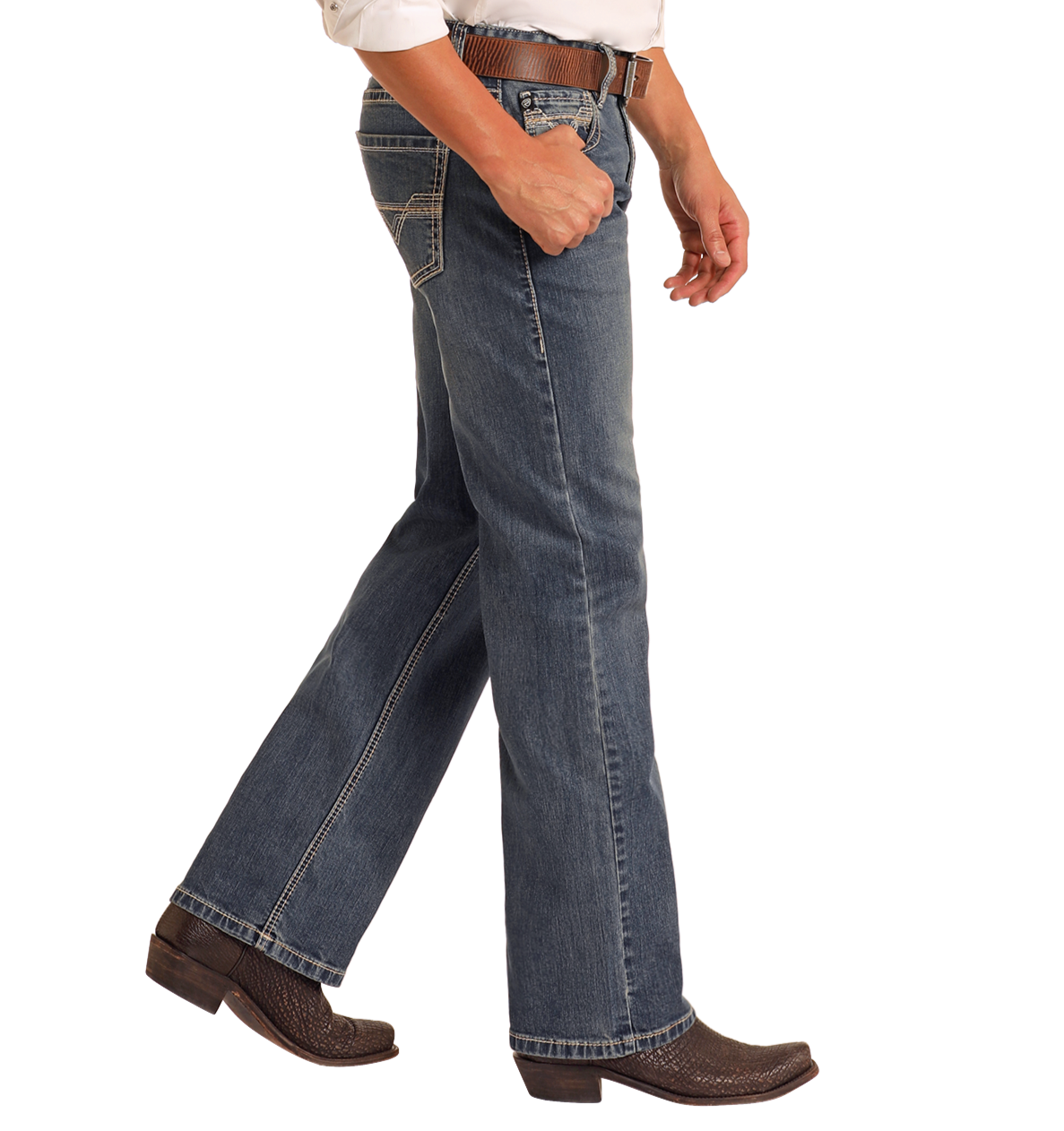 A person wearing Rock & Roll Denim's Relaxed Fit Ivory Stitch Straight Leg Jeans, a brown belt, white shirt, and brown cowboy boots stands sideways against a plain white background.
