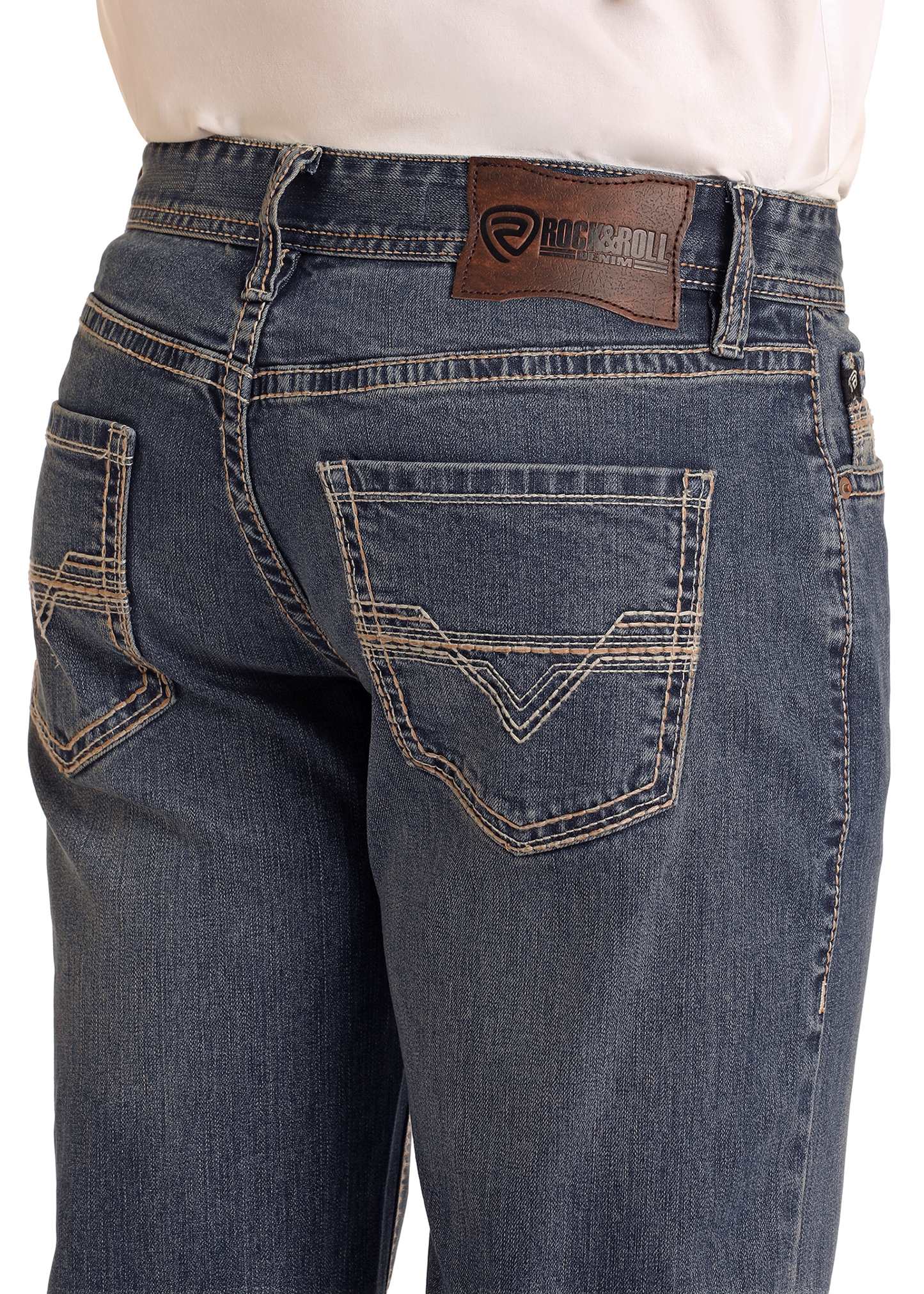Back view of a person wearing Rock & Roll Denim Relaxed Fit Ivory Stitch Straight Leg Jeans with contrast stitching and a brown leather “Rock & Roll” patch above the right pocket. The straight leg jeans have decorative stitching on the back pockets.