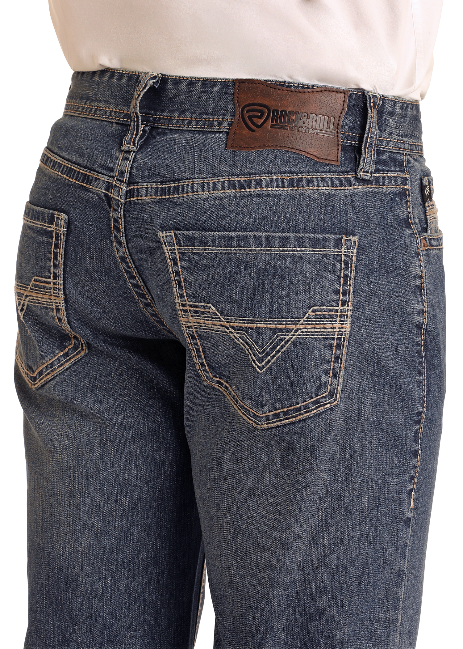 Back view of a person wearing Rock & Roll Denim Relaxed Fit Ivory Stitch Straight Leg Jeans with contrast stitching and a brown leather “Rock & Roll” patch above the right pocket. The straight leg jeans have decorative stitching on the back pockets.