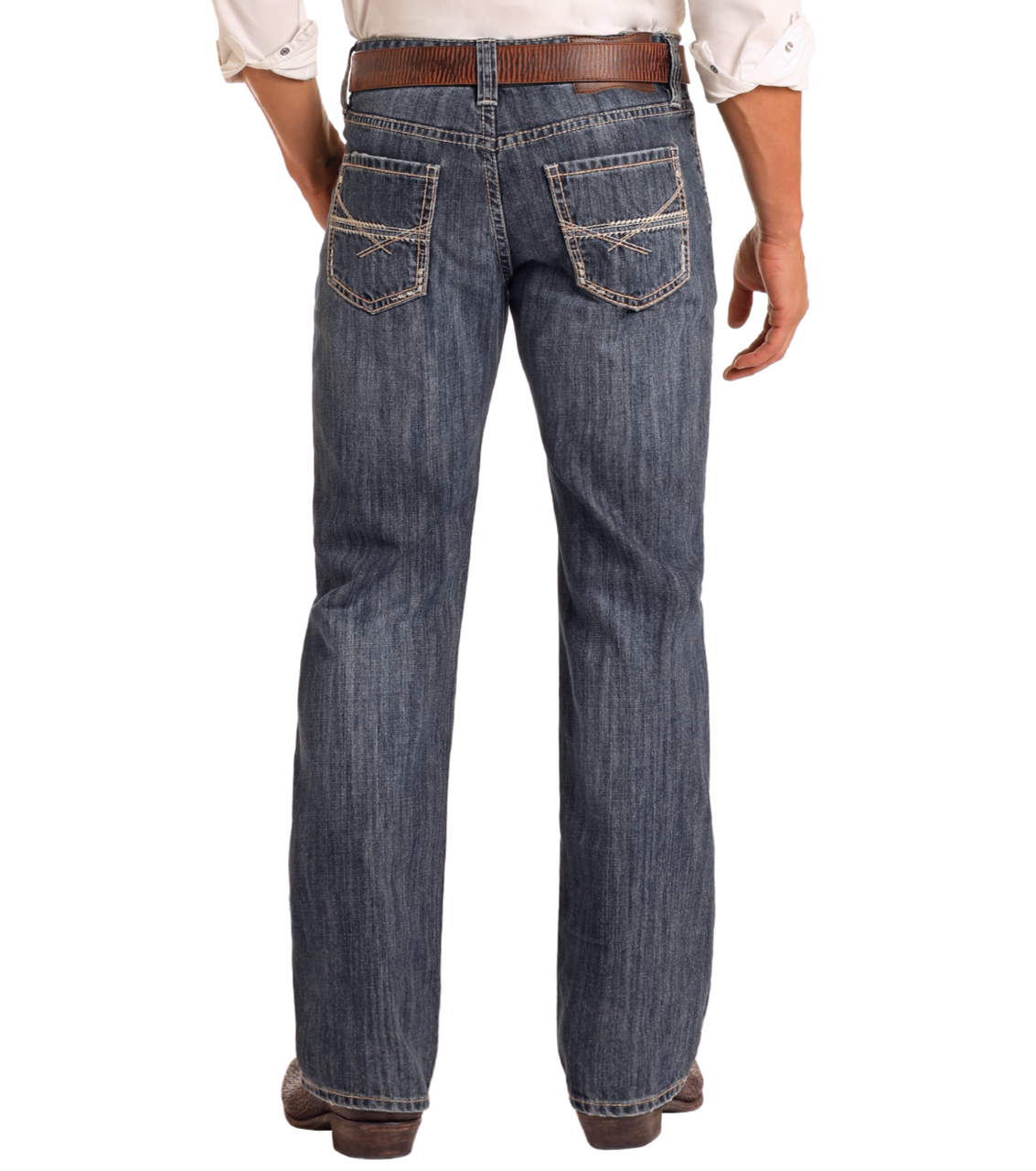 A person is shown from the back wearing Rock & Roll Denim Relaxed Fit Criss-Cross Stitch Straight Leg Jeans with decorative back pocket stitching, a brown belt, white shirt, and brown shoes against a plain background.