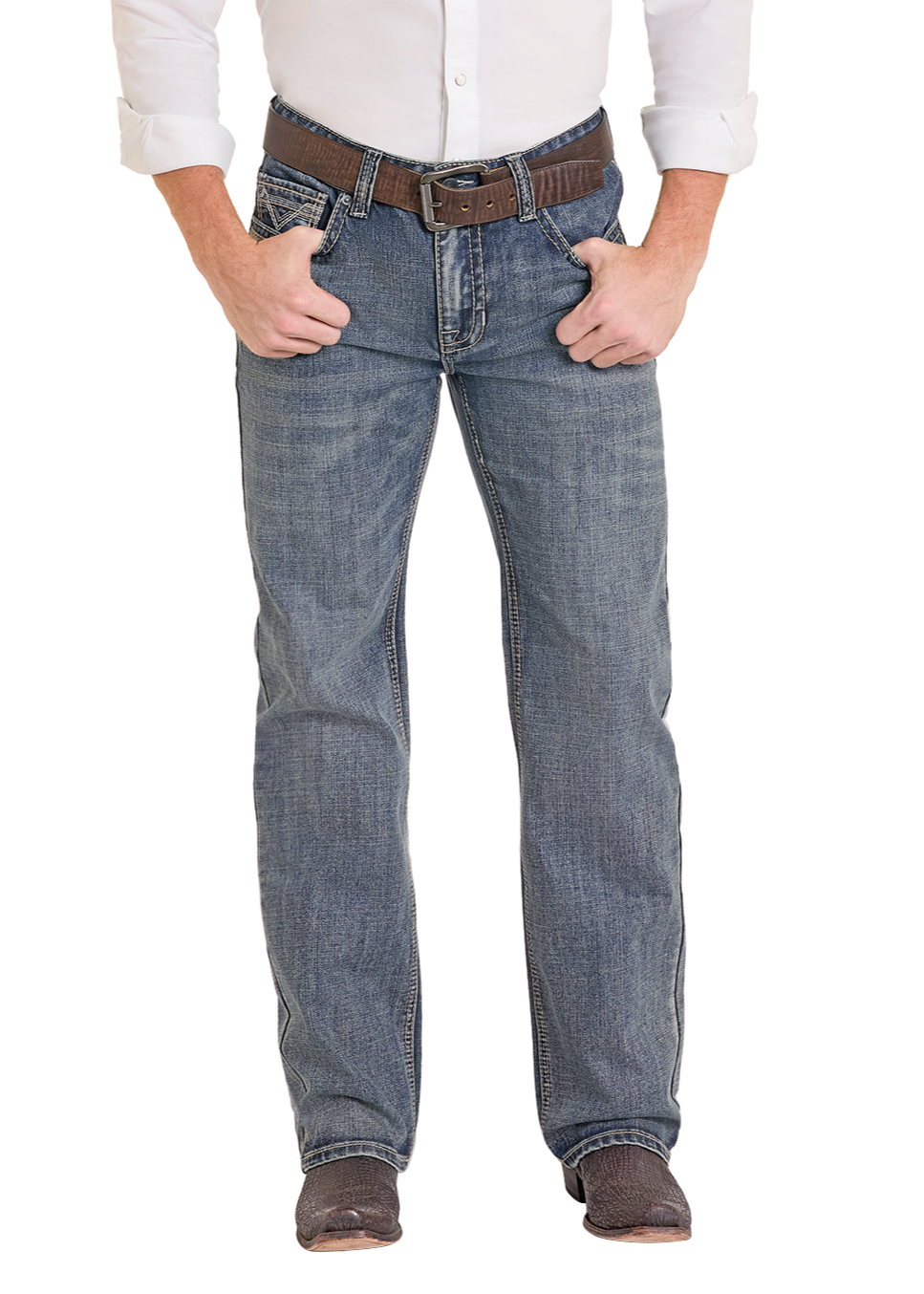 Man wearing a white shirt, blue jeans, and a beige cowboy hat on a white background