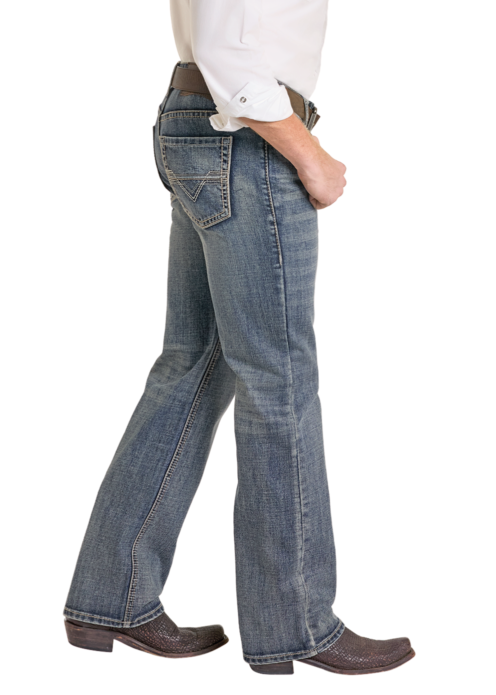 Man wearing a white shirt, blue jeans, and a beige cowboy hat on a white background