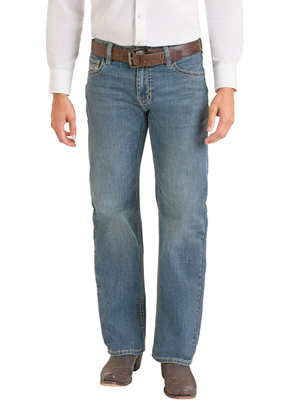 Man wearing a white shirt, blue jeans, and a black cowboy hat on a white background