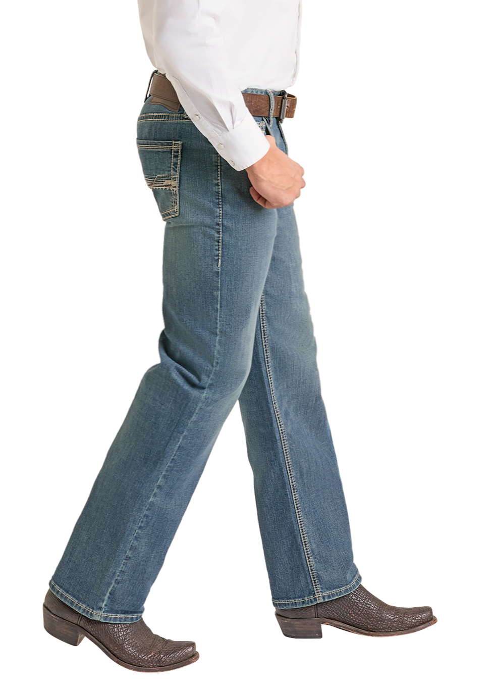 Man wearing a white shirt, blue jeans, and a black cowboy hat on a white background