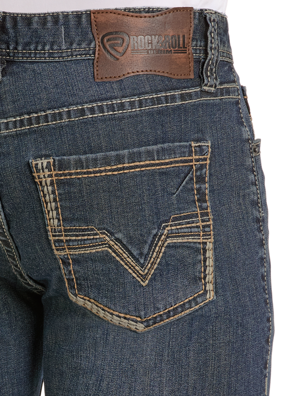 Close-up of the back pocket of blue Relaxed Fit Two-Tone Classic Pocket Straight Leg Jeans by Rock & Roll Denim. Tan stitching and a brown leather patch with the brand's logo accent the design.