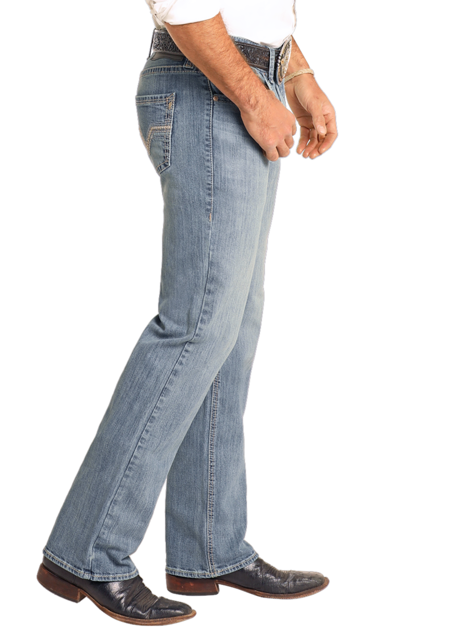 A man in Rock & Roll Denim Regular Fit Ladder Stitch Straight Leg Jeans (38x32), a white shirt, and brown shoes stands in profile against a white background, his left hand near his hip.