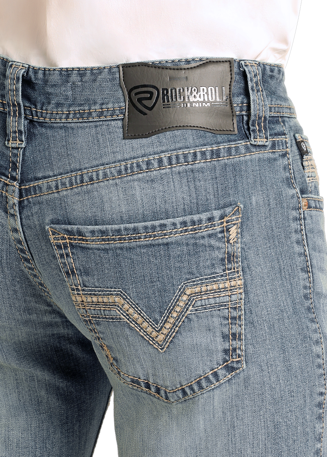 A close-up of Rock & Roll Denim's Regular Fit Ladder Stitch Straight Leg Jeans in 38x32, showcasing their classic medium wash style.