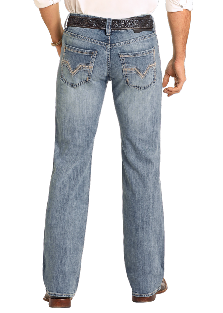 A man wears Rock & Roll Denim Regular Fit Ladder Stitch Straight Leg Jeans (38x32) with decorative ladder stitching, a black belt, brown boots, and a white shirt, shown from the back against a plain background.