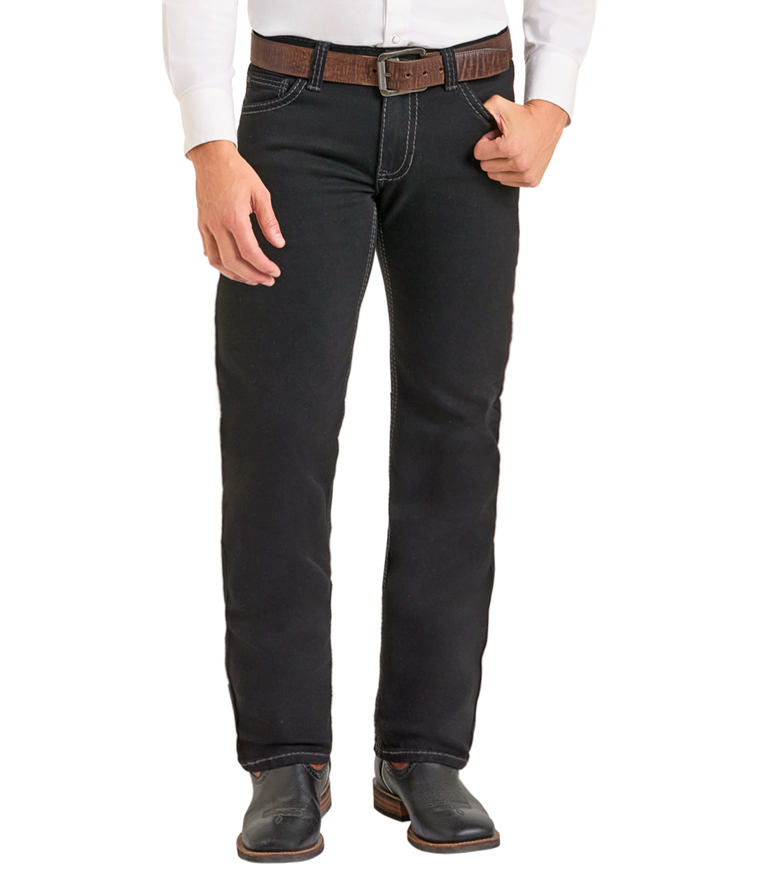 A person wearing Rock & Roll Denim Regular Fit Black Straight Leg Jeans, a brown belt, a white shirt, and black shoes stands against a white background.