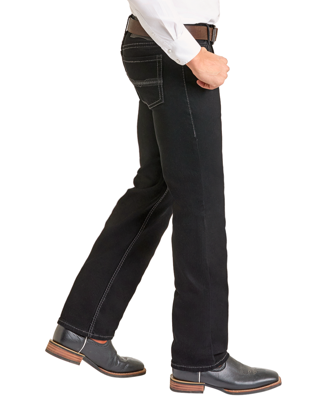A side-profile photo shows a person walking in Rock & Roll Denim Regular Fit Black Straight Leg Jeans, paired with a white shirt, brown belt, and black dress shoes with brown soles against a plain white background.