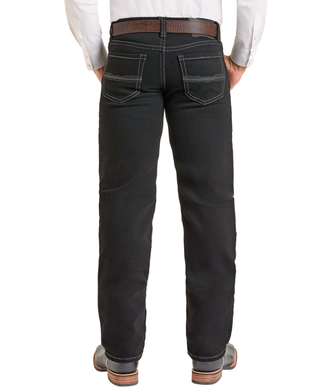 A person is shown from the back wearing Rock & Roll Denim Regular Fit Black Straight Leg Jeans with white stitching, a brown belt, a white shirt, and black boots against a plain white background.