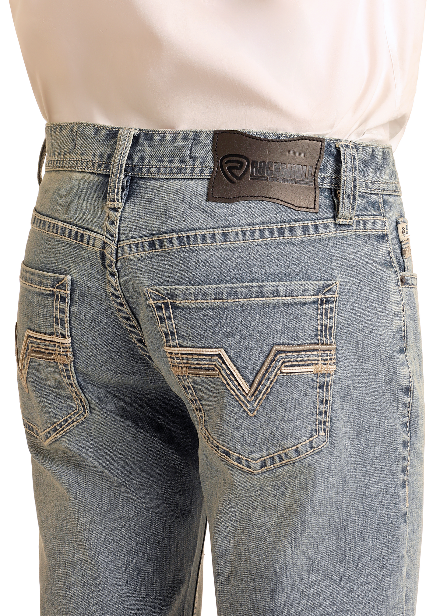 A person is shown from the waist down and back, wearing Rock & Roll Denim Regular Fit Light Wash Straight Leg Jeans with decorative back pocket stitching and a black brand label on the waistband.
