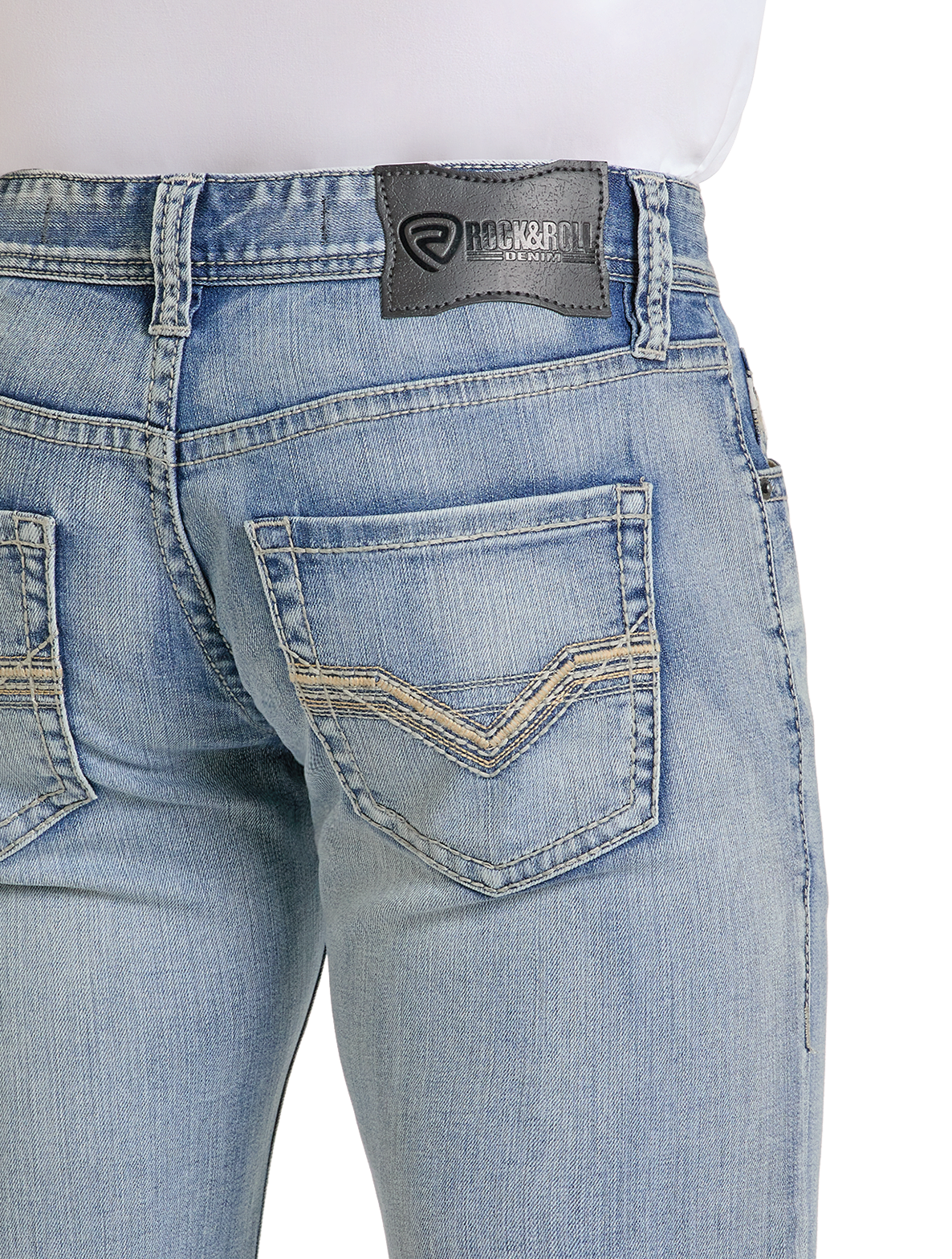Close-up of the back of a person wearing Rock & Roll Denim Regular Fit V Stitch Straight Leg Jeans in a light wash, featuring decorative pocket stitching and a black brand patch on the waistband.