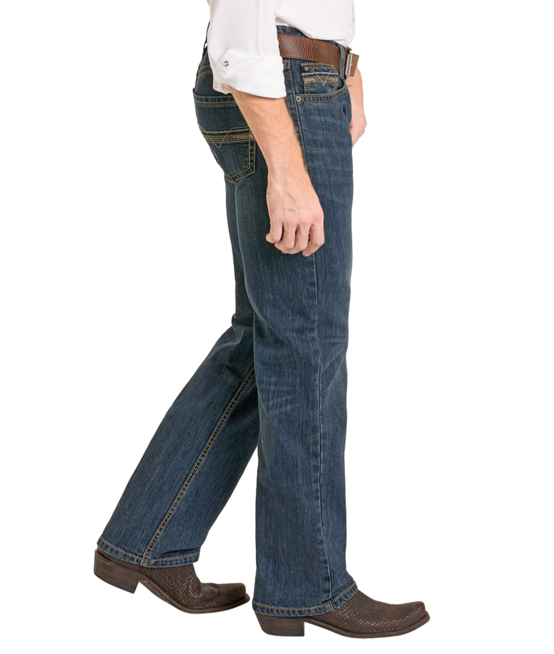 A person wearing Rock & Roll Denim Regular Fit Classic Straight Leg Jeans, a white shirt, a brown belt, and brown cowboy boots stands sideways against a white background.