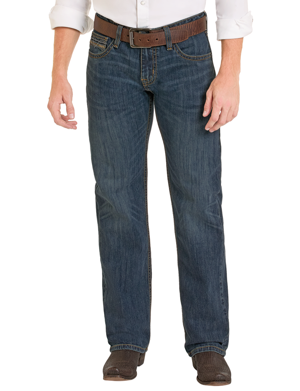 A man wearing a white shirt, brown belt, Rock & Roll Denim Regular Fit Classic Straight Leg Jeans, and brown shoes stands facing forward against a plain white background.