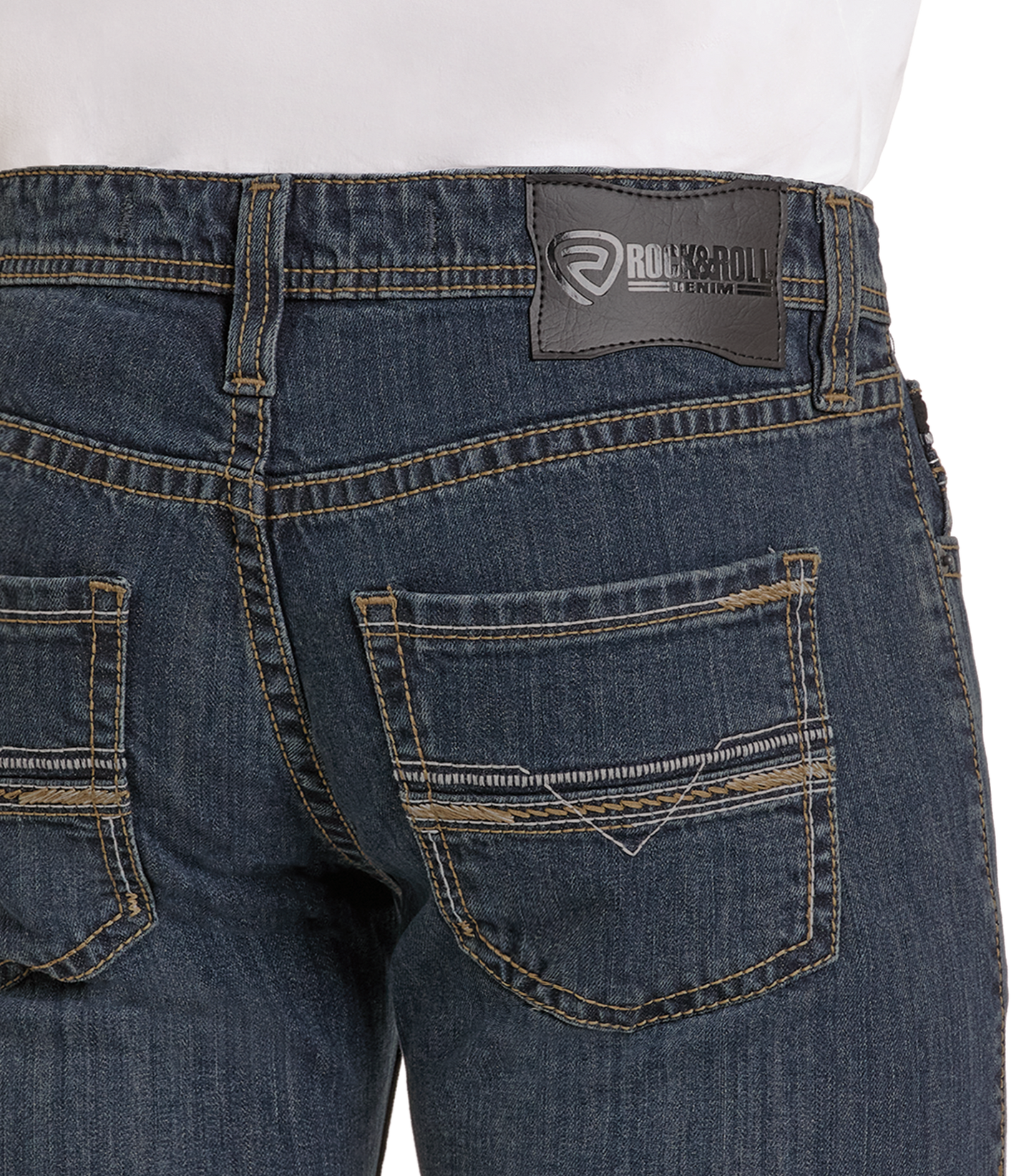 Close-up of the back of blue Rock & Roll Denim Regular Fit Classic Straight Leg Jeans with brown stitching, two back pockets, and a black leather brand patch on the waistband. A white shirt is partially tucked in.