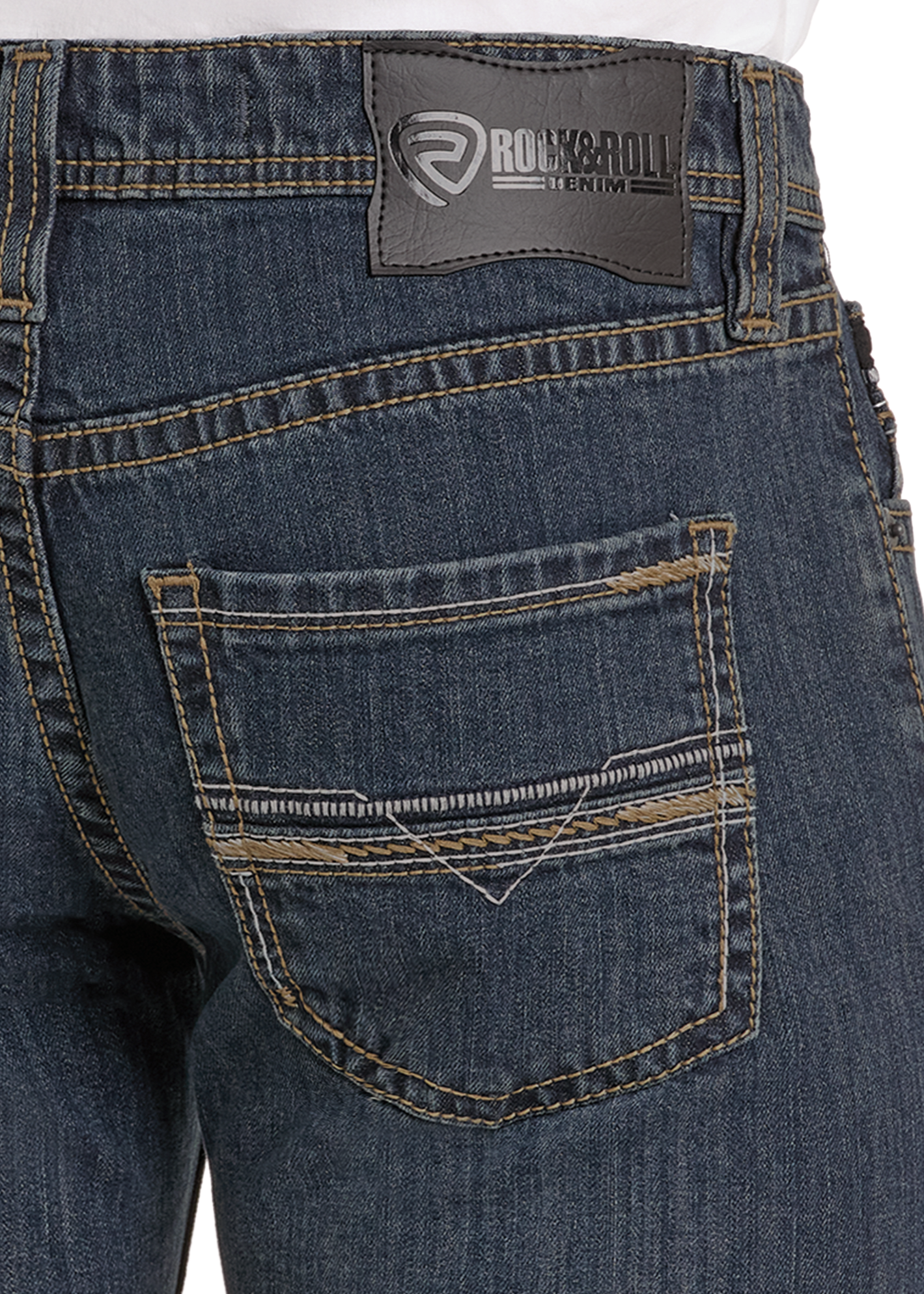 Close-up of the back of blue Rock & Roll Denim Regular Fit Classic Straight Leg Jeans with brown stitching, two back pockets, and a black leather brand patch on the waistband. A white shirt is partially tucked in.