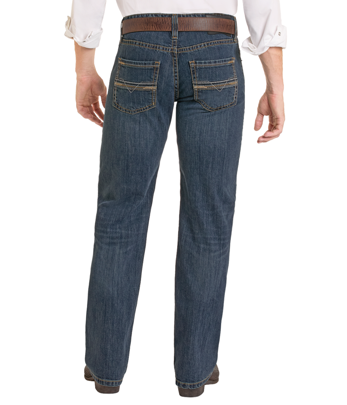 A person wearing Rock & Roll Denim Regular Fit Classic Straight Leg Jeans and a white long-sleeve shirt faces away, highlighting the jeans’ back view and detailed stitching on the back pockets.