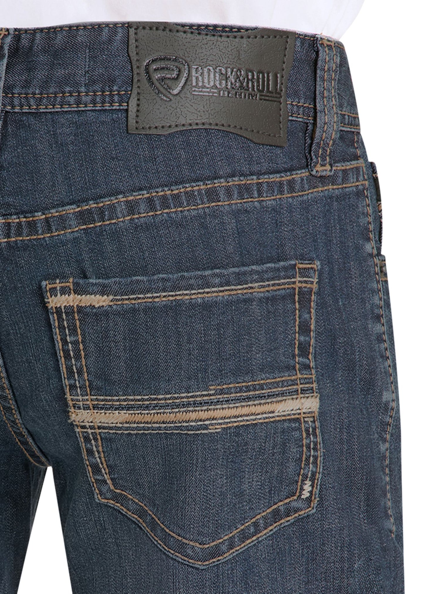 Close-up of blue jeans with a brand logo on the pocket area.