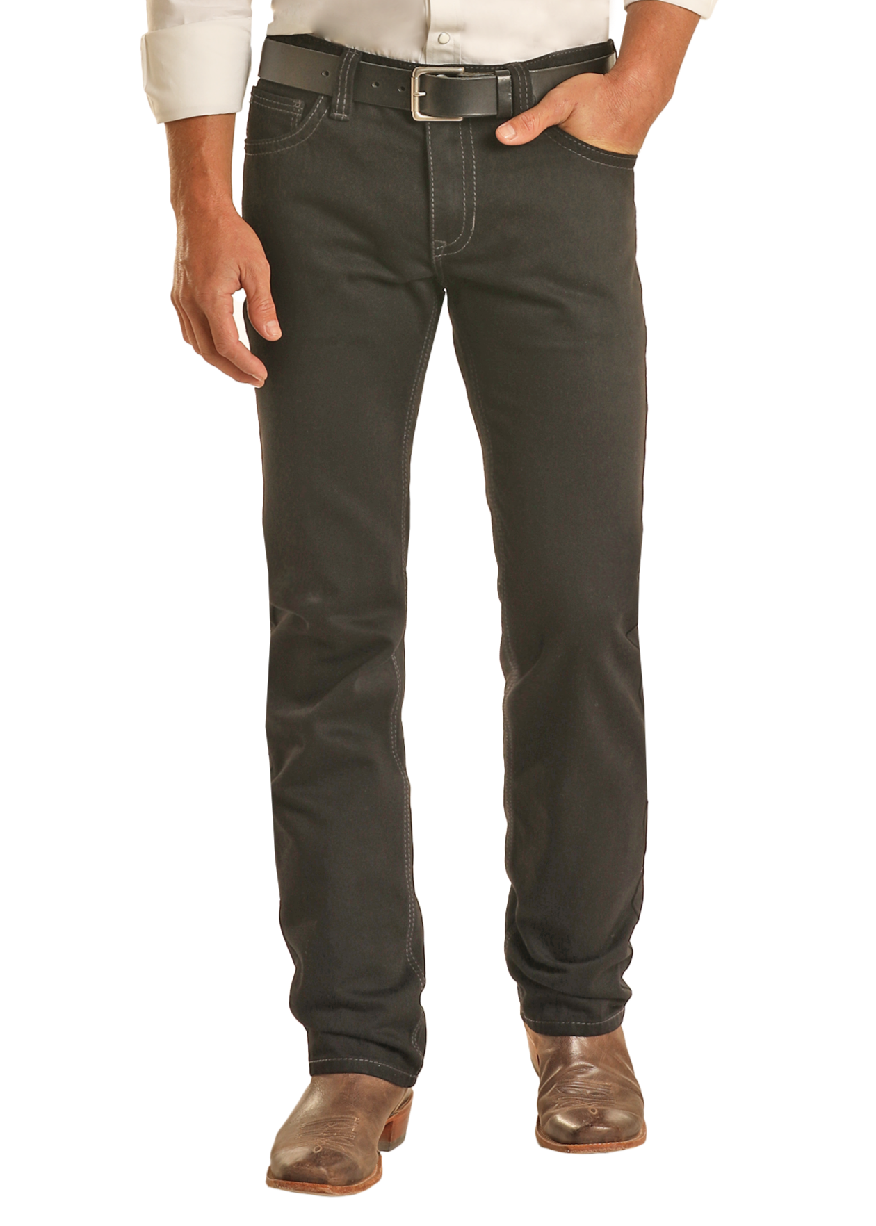 A person wearing Rock & Roll Denim Black Slim Straight Jeans, a white shirt, black belt, and brown boots, with one hand in their pocket, stands against a white background.