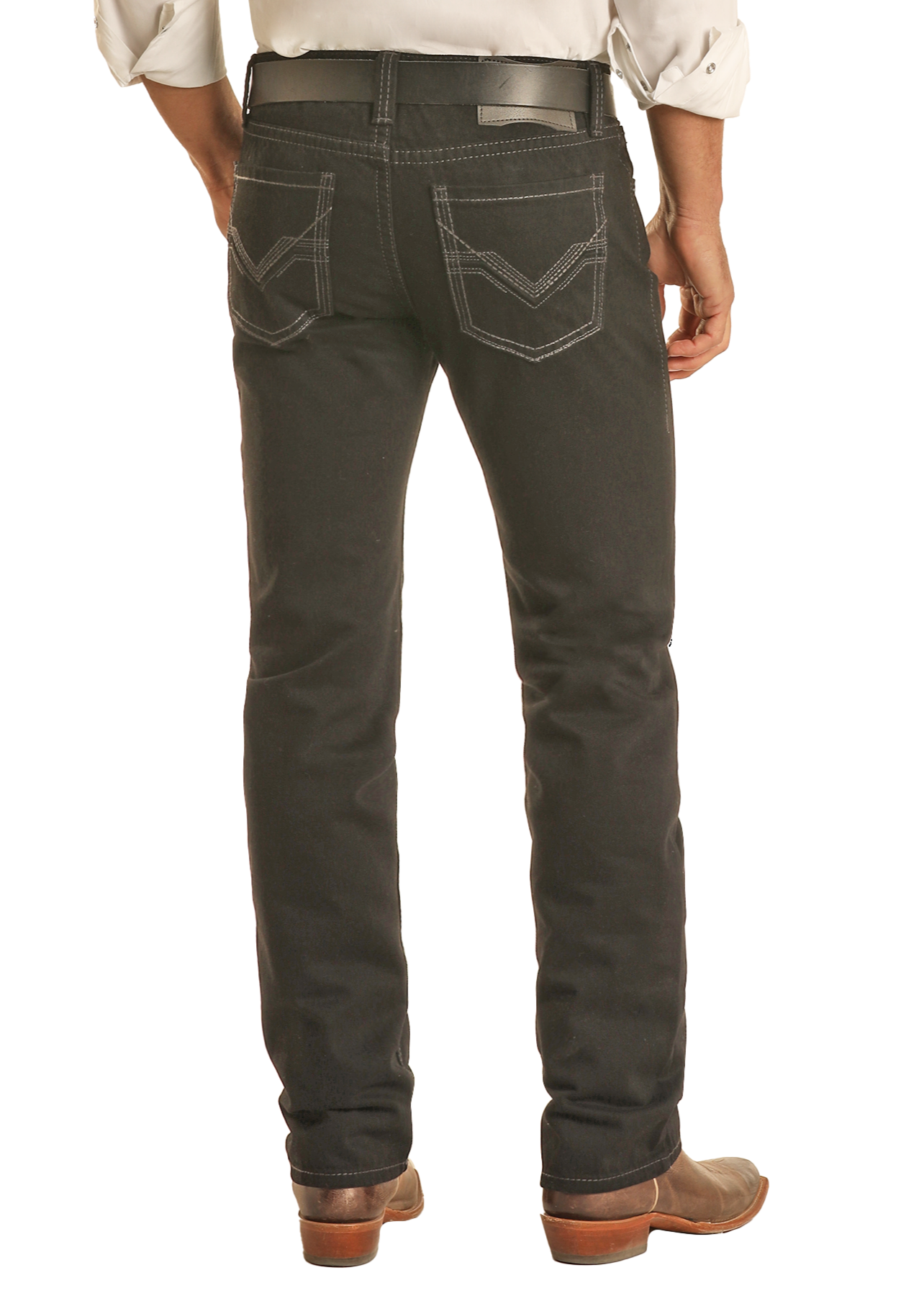 A man is shown from the back against a plain white background wearing Rock & Roll Denim Black Slim Straight Jeans with white stitching, paired with a white shirt, brown belt, and brown shoes.