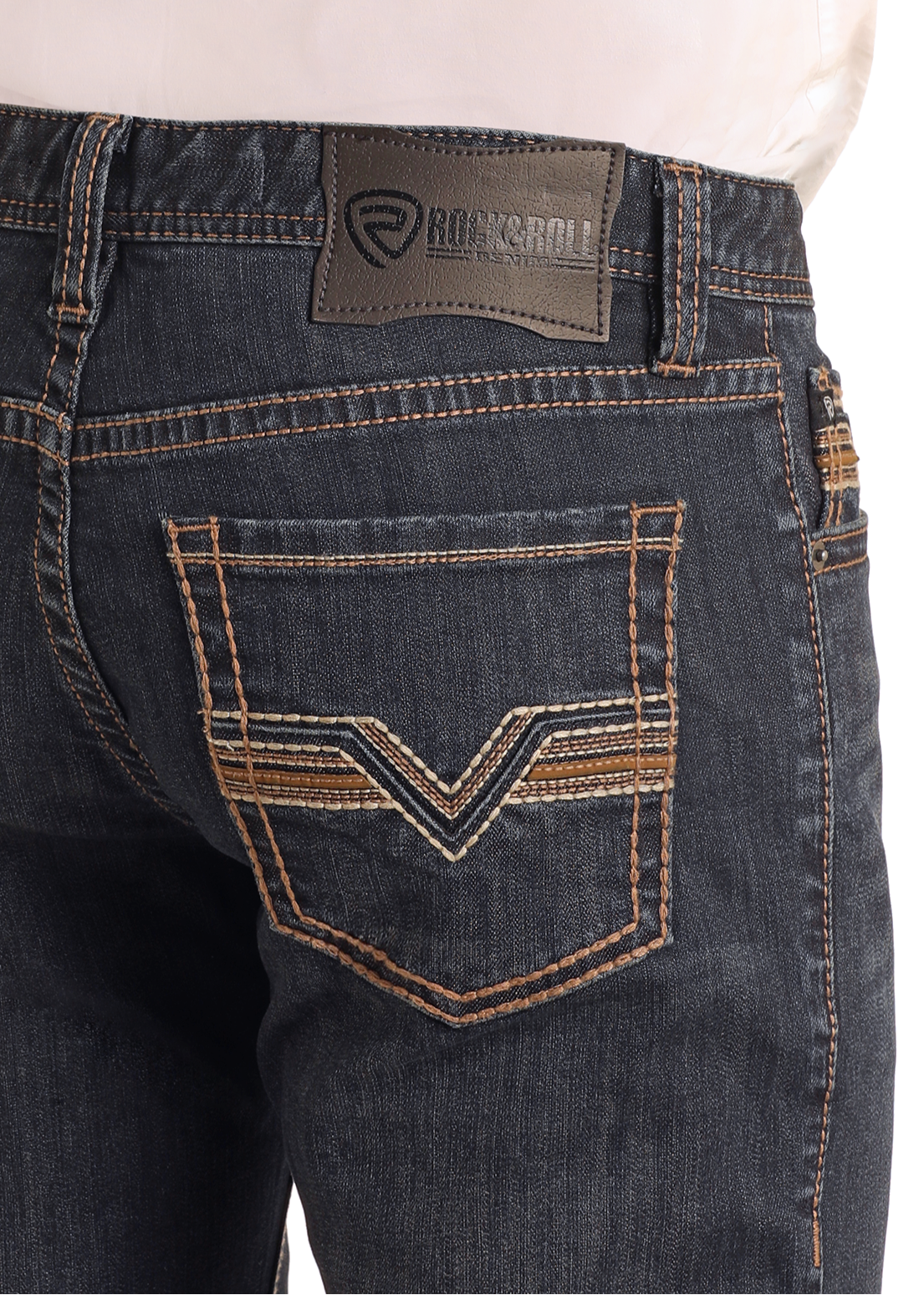 A close-up shows the back of a person wearing Rock & Roll Denim Slim Fit Dark Pleather Pocket Straight Leg Jeans, featuring tan stitching, pleather-trimmed back pockets, and a black leather brand patch on the waistband.