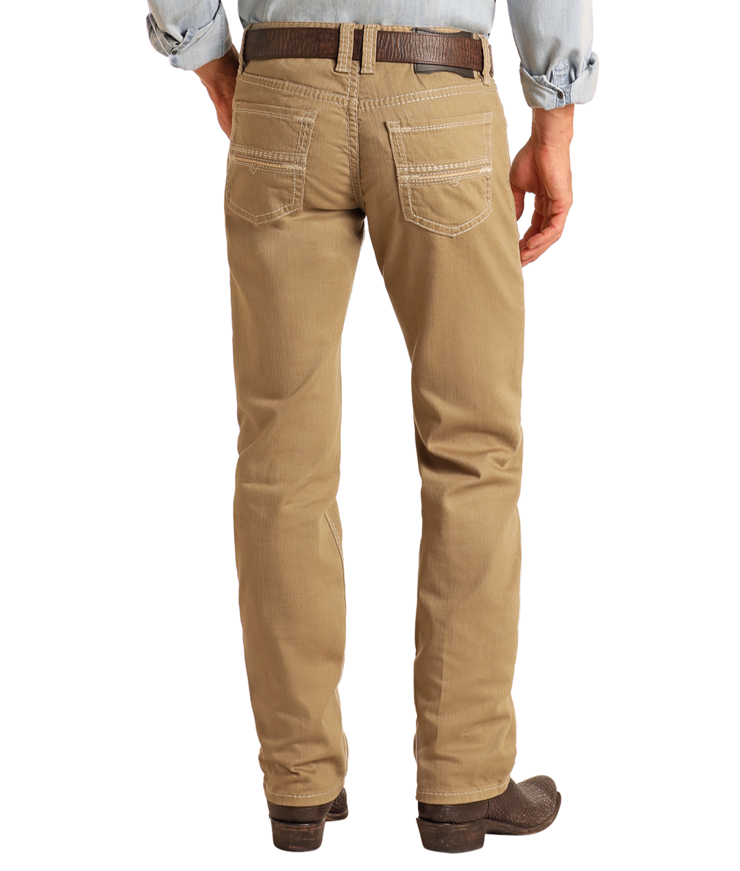 A man faces away, wearing Rock & Roll Denim's Khaki Slim Straight Jeans with back pocket stitching, a brown belt, light blue shirt, and brown shoes—perfect for anyone seeking stylish men's jeans.