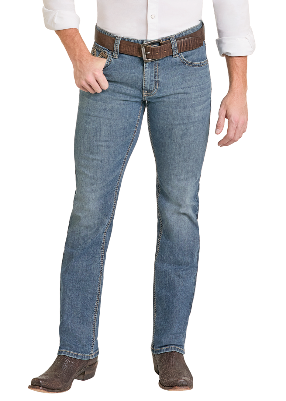 A person wearing slim fit, light wash Rock & Roll Denim Slim Fit Classic Rope Stitch Pocket Straight Leg Jeans with a white long-sleeve shirt, brown belt, and cowboy boots stands against a plain white background.