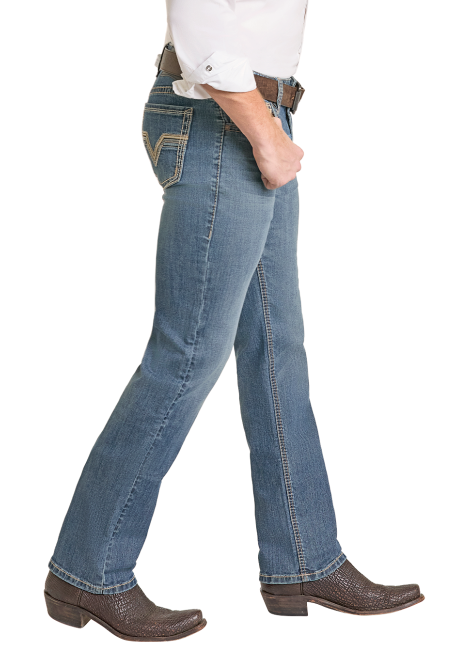 A person in profile, walking left, wears Rock & Roll Denim Slim Fit Classic Rope Stitch Pocket Straight Leg Jeans in blue, a white long-sleeve shirt, a brown belt, and brown cowboy boots.