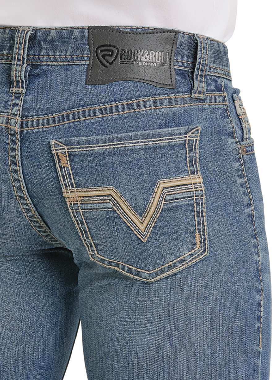 Close-up of the back pocket of light wash Slim Fit Classic Rope Stitch Pocket Straight Leg Jeans with tan stitching and a leather Rock & Roll Denim brand patch at the waistband.