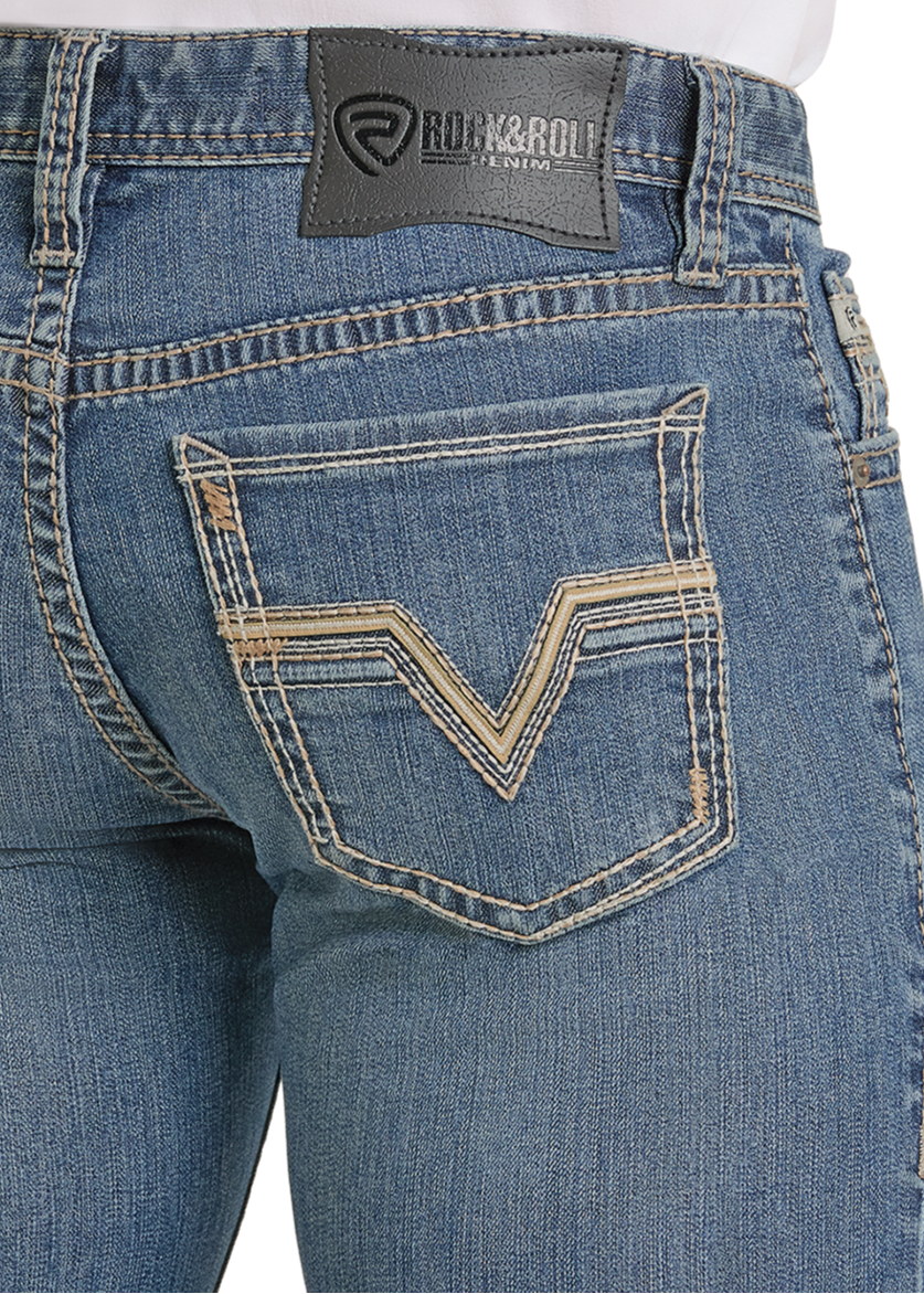 Close-up of the back pocket of light wash Slim Fit Classic Rope Stitch Pocket Straight Leg Jeans with tan stitching and a leather Rock & Roll Denim brand patch at the waistband.