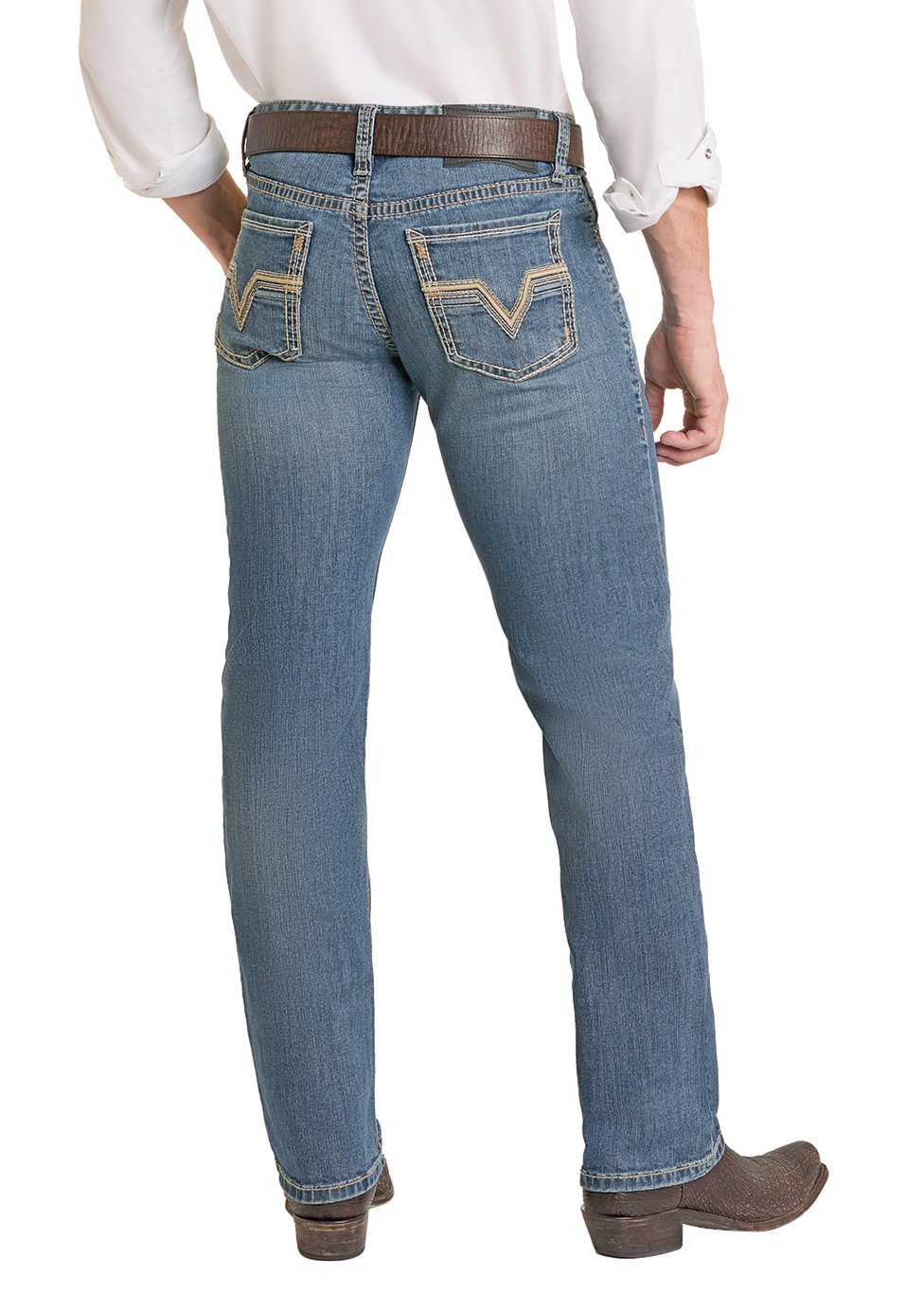 A man wearing Rock & Roll Denim Slim Fit Classic Rope Stitch Pocket Straight Leg Jeans, a brown belt, white shirt, and brown cowboy boots, shown from the back against a white background.