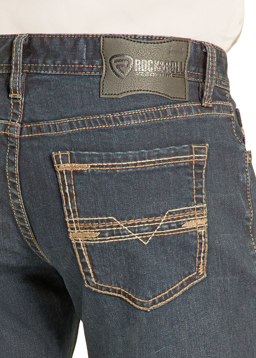 Blue jeans with a brand label on a white background