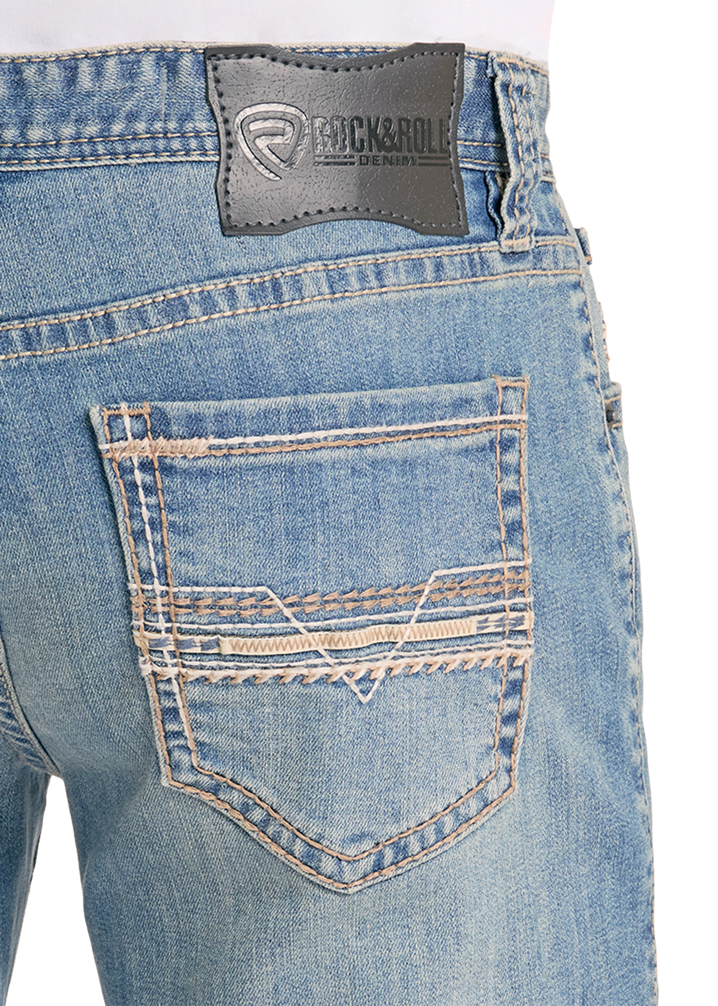 Close-up of blue jeans with a brand logo on the pocket area.