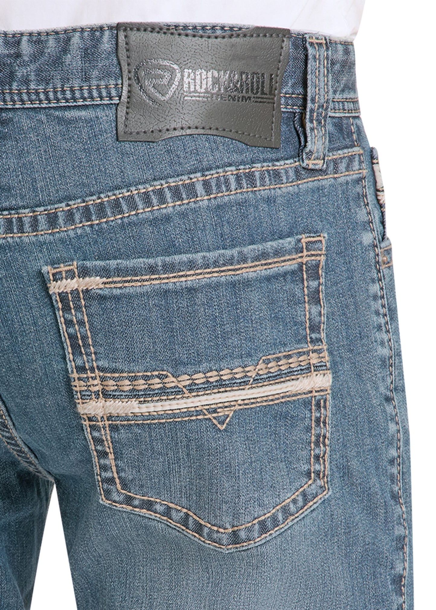 Close-up of blue jeans with a visible brand label on the back pocket.