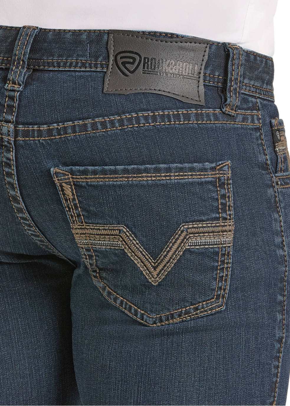 Close-up of the back of a person wearing Skinny Fit Classic Raised Stitch Straight Leg Jeans by Rock & Roll Denim, featuring tan stitching and a black leather brand label above the right back pocket.