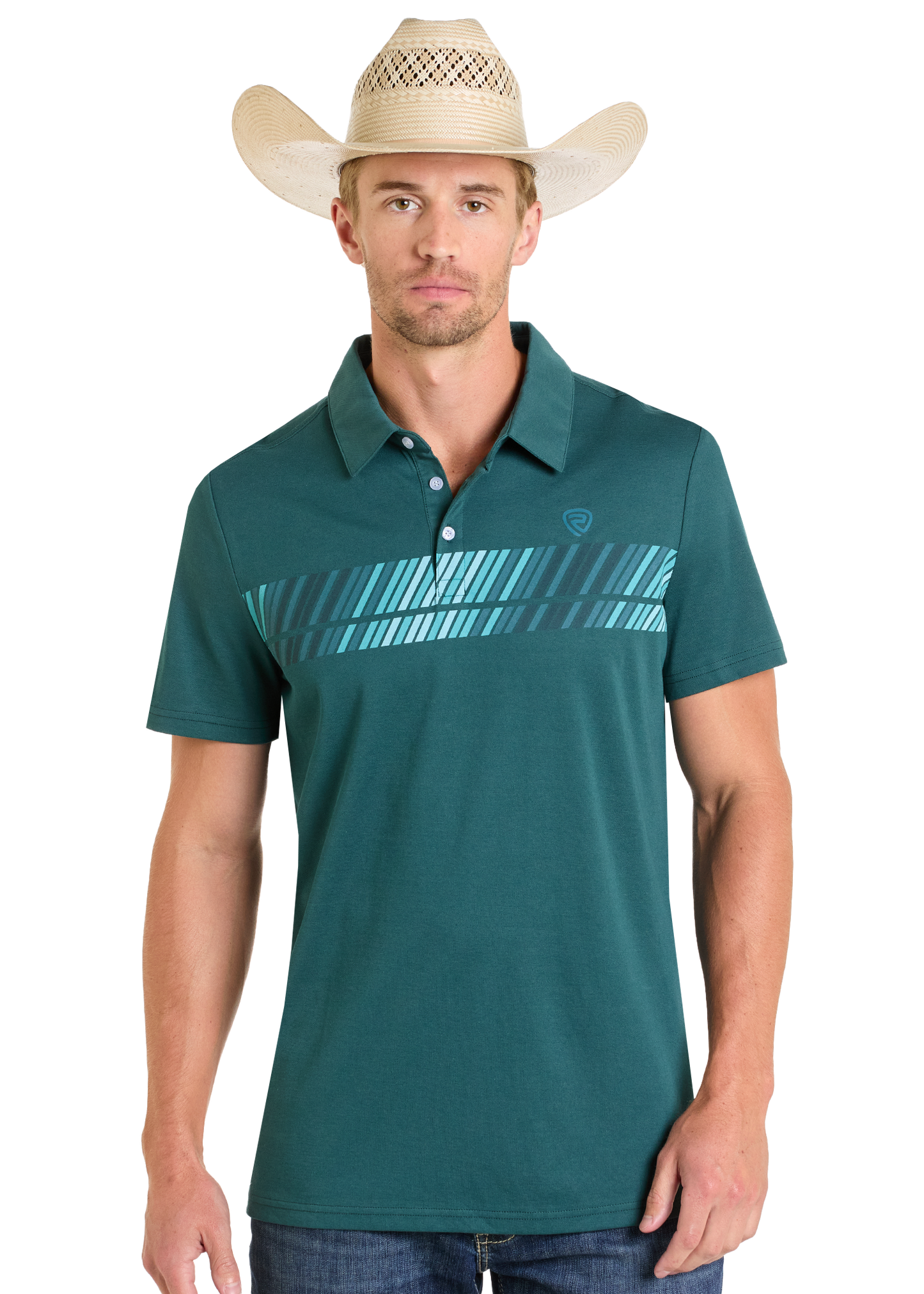 A man models the Rock & Roll Denim Border Print Polo—regular fit with a blue diagonal stripe—paired with blue jeans and a tan cowboy hat, creating an effortlessly cool casual look against a plain white background.