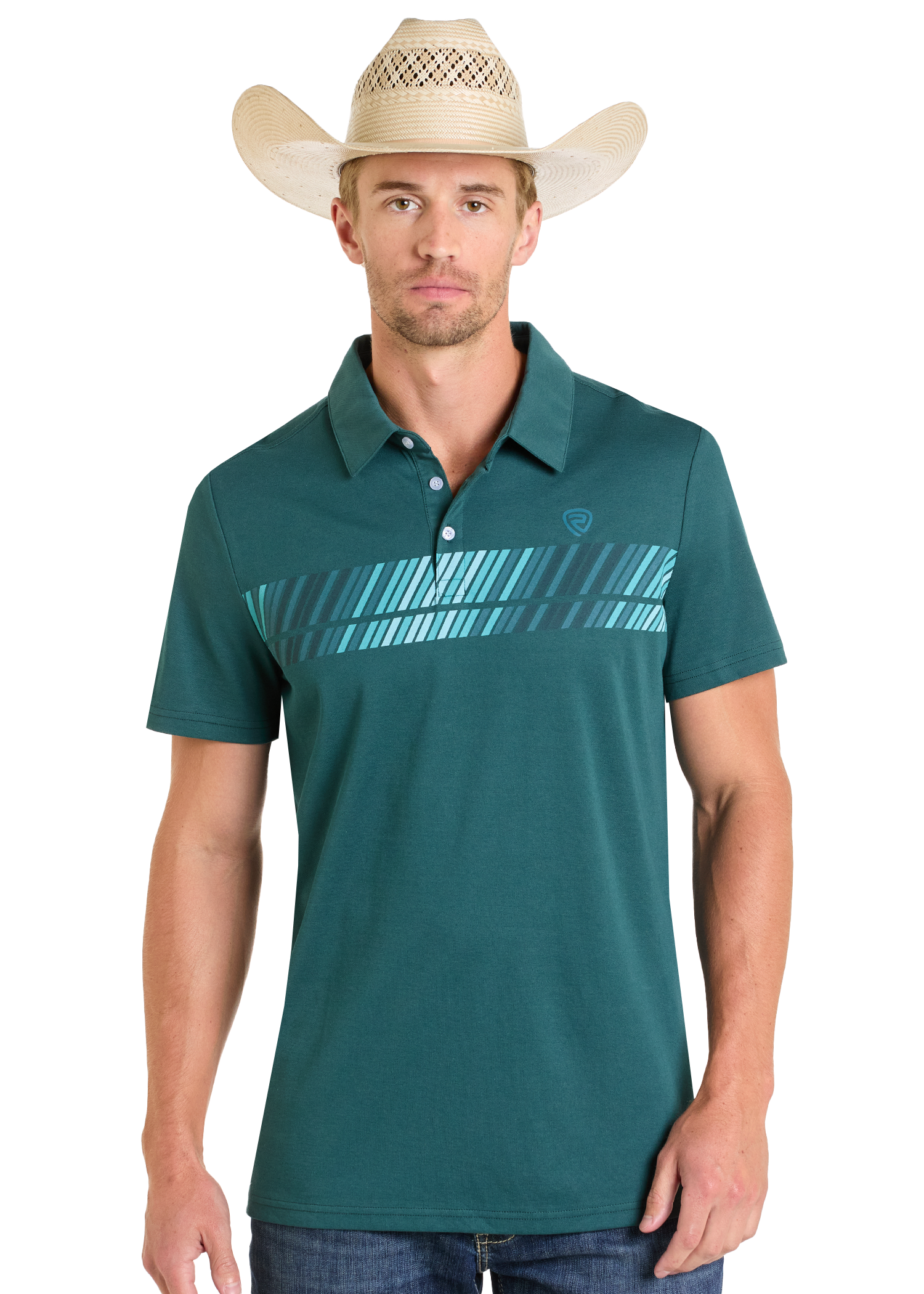 A man models the Rock & Roll Denim Border Print Polo—regular fit with a blue diagonal stripe—paired with blue jeans and a tan cowboy hat, creating an effortlessly cool casual look against a plain white background.