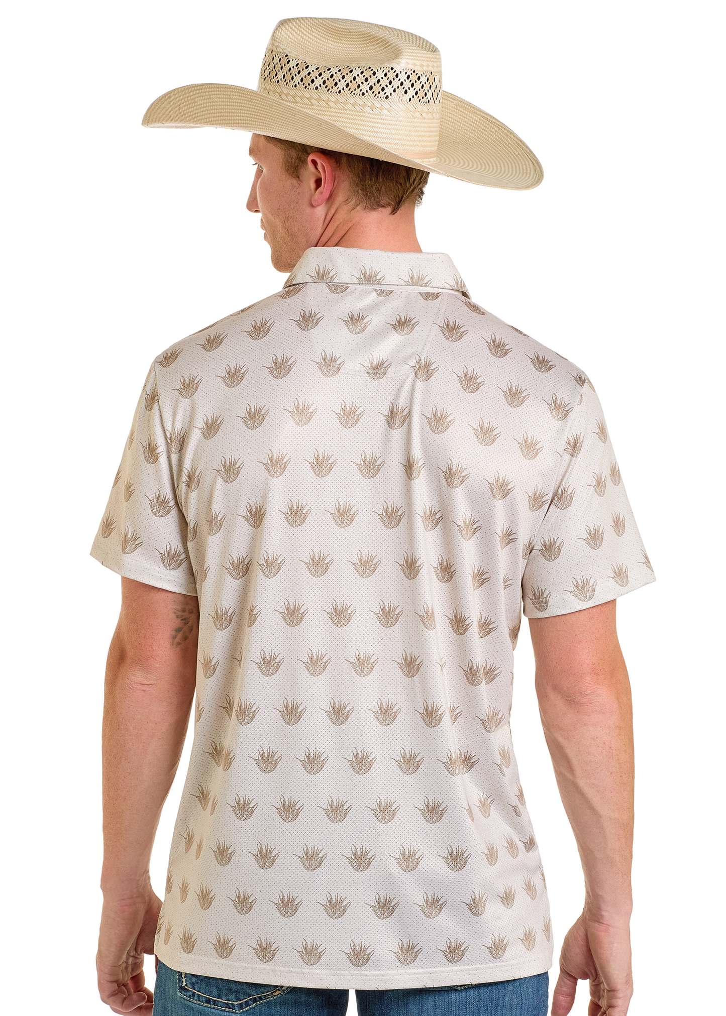 A man is shown from the back, standing against a plain white background. He wears a Rock & Roll Denim Cactus Print Polo and a woven straw cowboy hat.