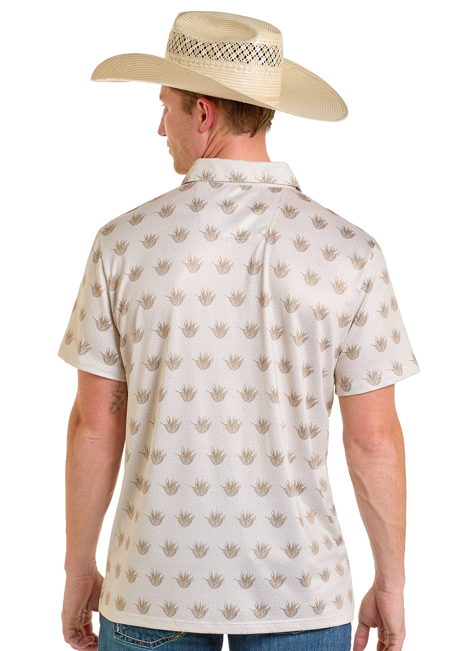 A man is shown from the back, standing against a plain white background. He wears a Rock & Roll Denim Cactus Print Polo and a woven straw cowboy hat.
