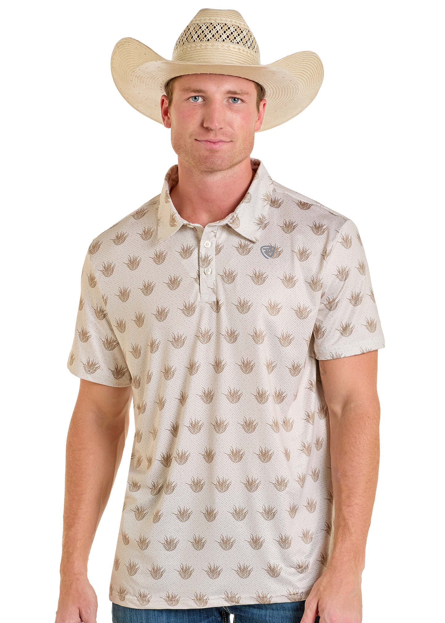 A man wearing the Rock & Roll Denim Cactus Print Polo and a straw cowboy hat stands against a plain white background.