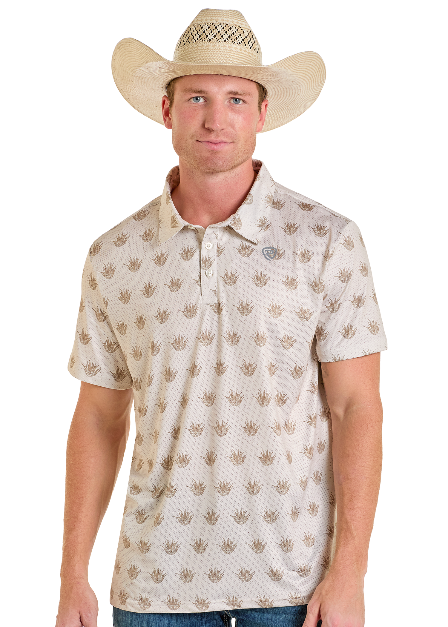 A man wearing the Rock & Roll Denim Cactus Print Polo and a straw cowboy hat stands against a plain white background.