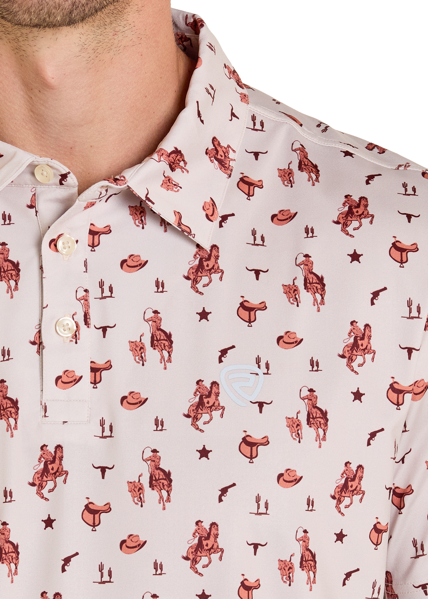 Close-up of a shirt with red cowboy pattern on a white background