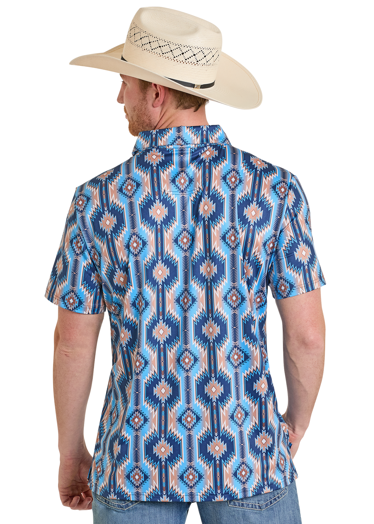 Man wearing a patterned shirt and cowboy hat on a white background