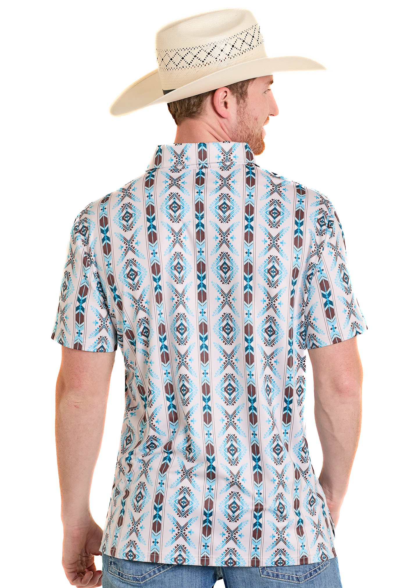 Man wearing a patterned short-sleeve shirt and cowboy hat on a white background